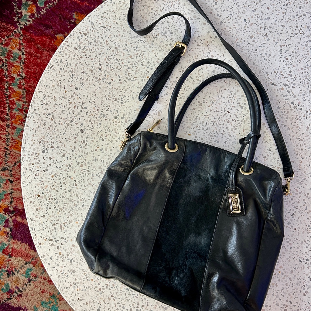 Vintage Badgley Mischka Black Leather With Fur Accent Bag Ft Gold Hardware
